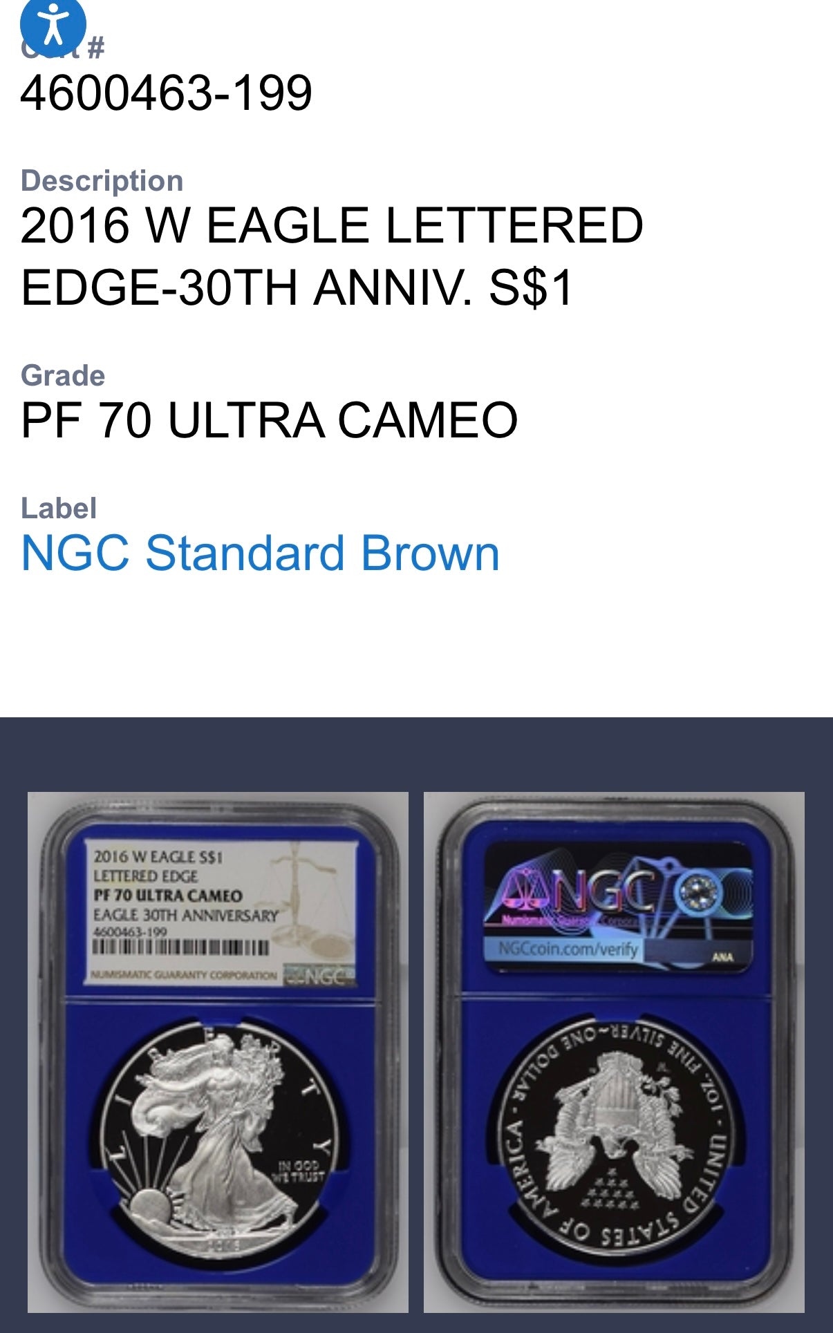 Proof 2016 (W) $1 American Silver Eagle NGC PF70UC Brown Lettered Edge 30th Anniversary Label Rare Blue Holder