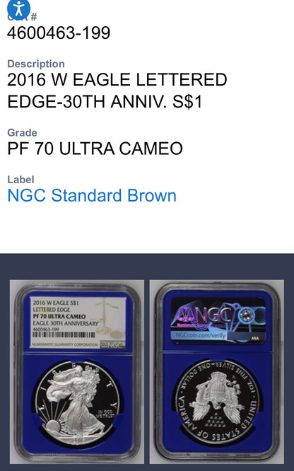 Proof 2016 (W) $1 American Silver Eagle NGC PF70UC Brown Lettered Edge 30th Anniversary Label Rare Blue Holder