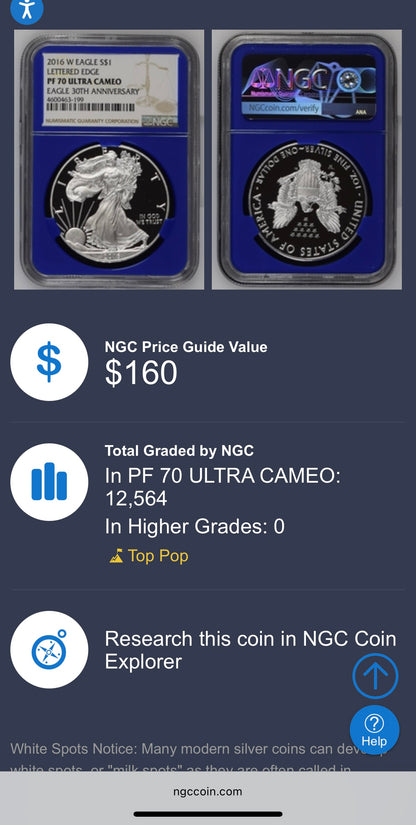 Proof 2016 (W) $1 American Silver Eagle NGC PF70UC Brown Lettered Edge 30th Anniversary Label Rare Blue Holder