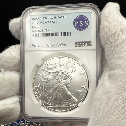 Burnished 2017 (W) $1 American Silver Eagle NGC MS70 Rare Premier Select Series Label (1 of 2,525)