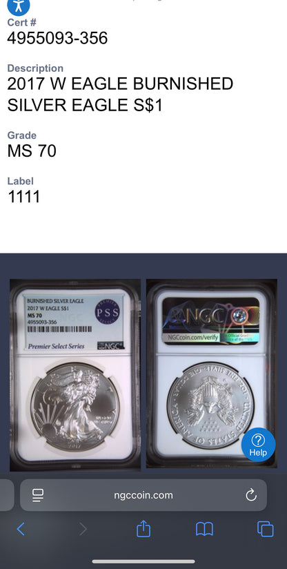 Burnished 2017 (W) $1 American Silver Eagle NGC MS70 Rare Premier Select Series Label (1 of 2,525)