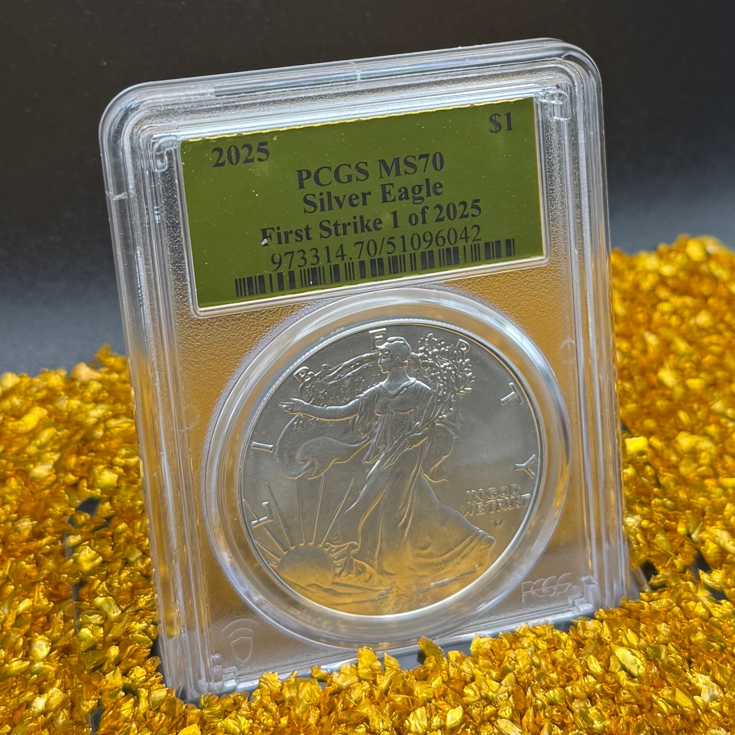 2025 $1 (W) American Silver Eagle PCGS MS70 First Strike Gold Foil Label Mint Condition (Rare 1 of 2,025)