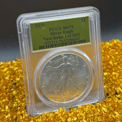 2025 $1 (W) American Silver Eagle PCGS MS70 First Strike Gold Foil Label Mint Condition (Rare 1 of 2,025)