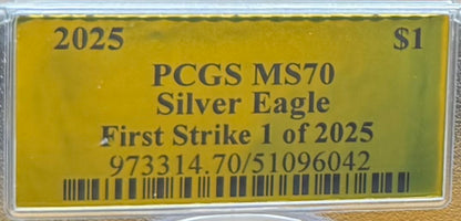 2025 $1 (W) American Silver Eagle PCGS MS70 First Strike Gold Foil Label Mint Condition (Rare 1 of 2,025)