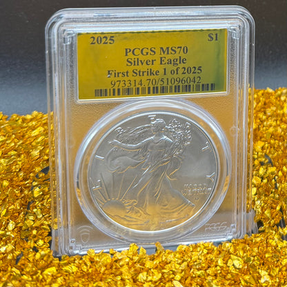 2025 $1 (W) American Silver Eagle PCGS MS70 First Strike Gold Foil Label Mint Condition (Rare 1 of 2,025)