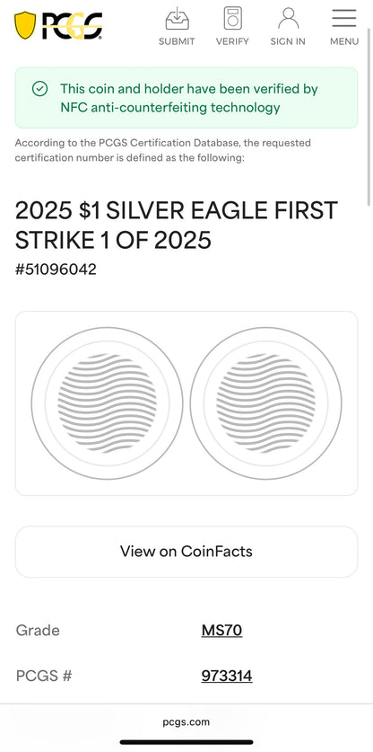 2025 $1 (W) American Silver Eagle PCGS MS70 First Strike Gold Foil Label Mint Condition (Rare 1 of 2,025)