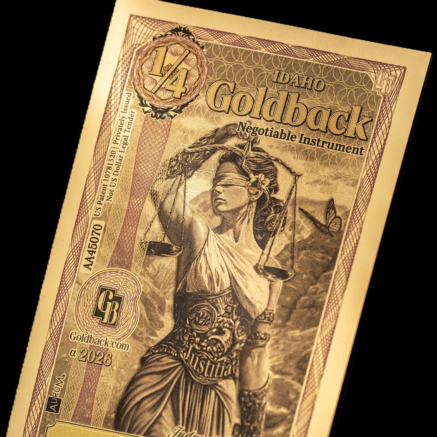 1/666 OZT 24K 1x1 WASHINGTON DC 2 x 1/4 IDAHO GOLDBACK AURUM NOTE ALPHA UV LIGHT