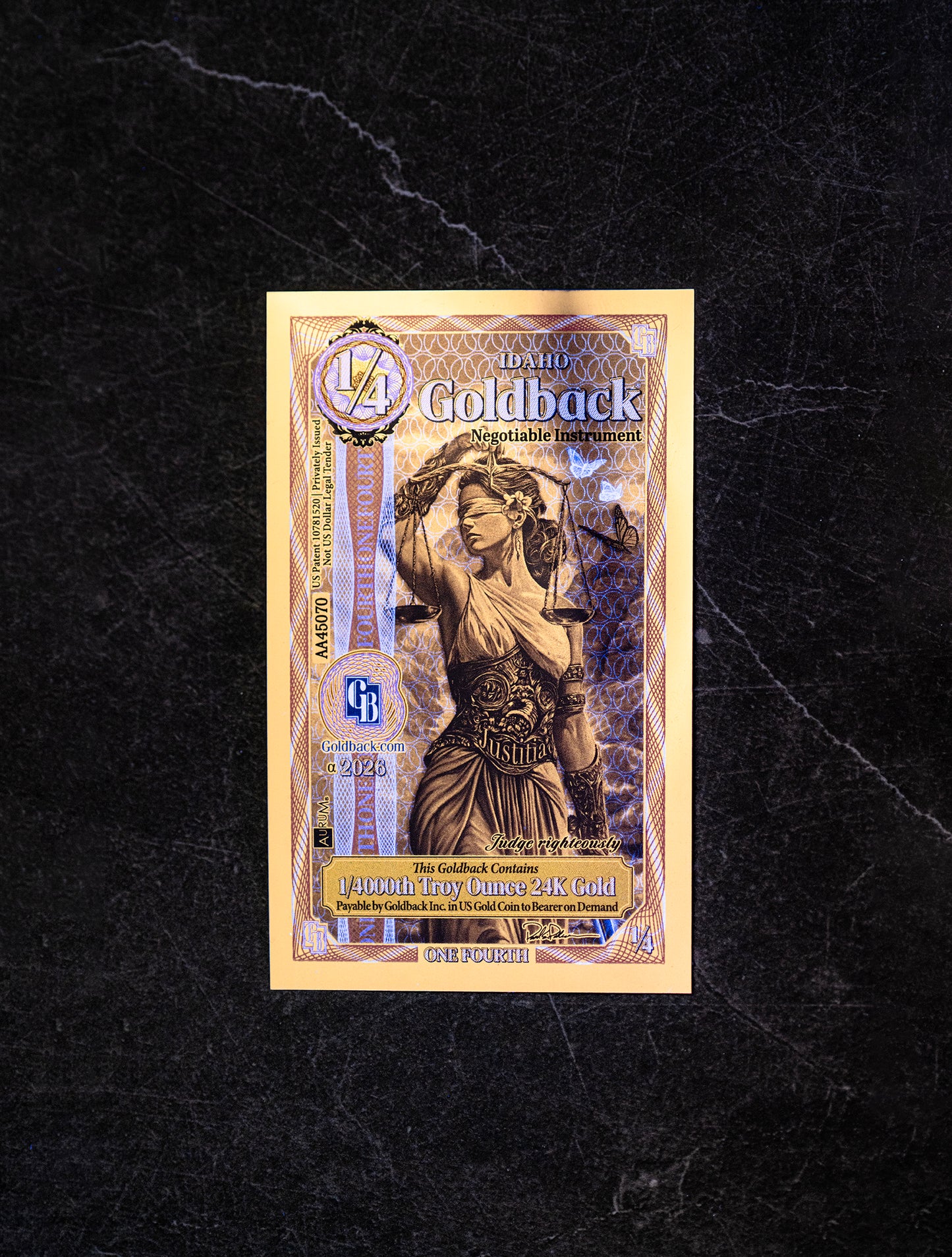 1/285 OZT 24K WASHINGTON DC, ARIZONA, FLORIDA, OKLAHOMA, IDAHO AURUM NOTES ALPHA + SLEEVE + UV LIGHT