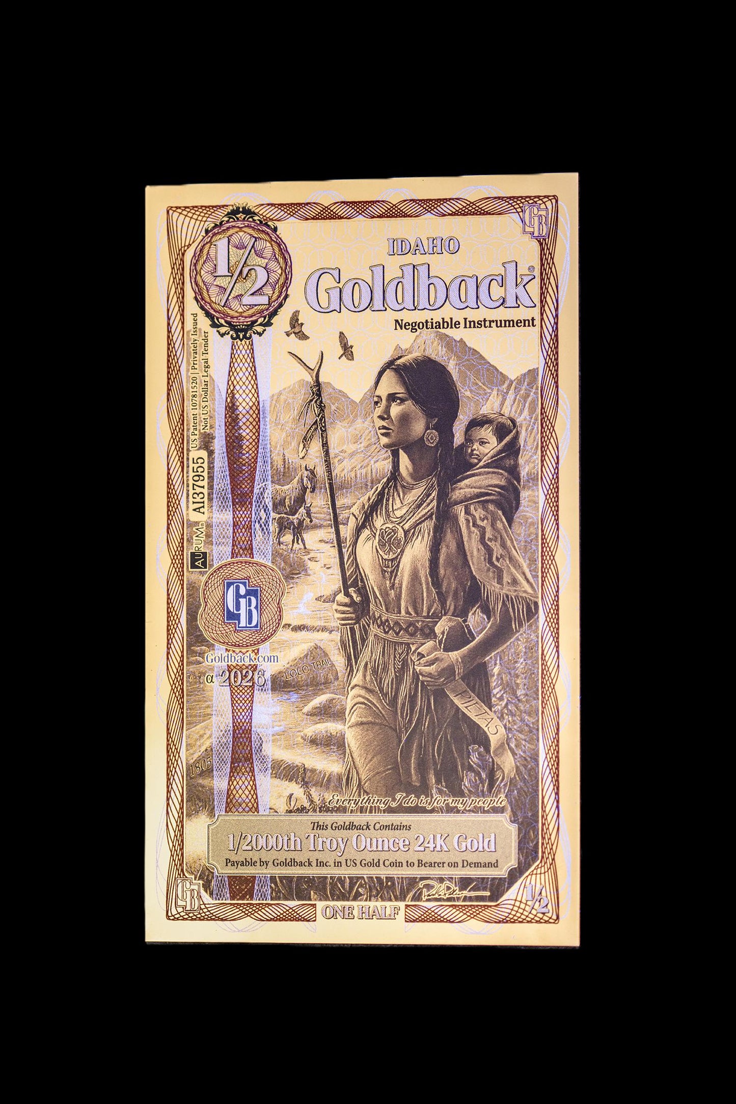 1/138 OZT 24K WASHINGTON DC, ARIZONA, FLORIDA, OKLAHOMA, IDAHO AURUM NOTES ALPHA + SLEEVE + UV LIGHT