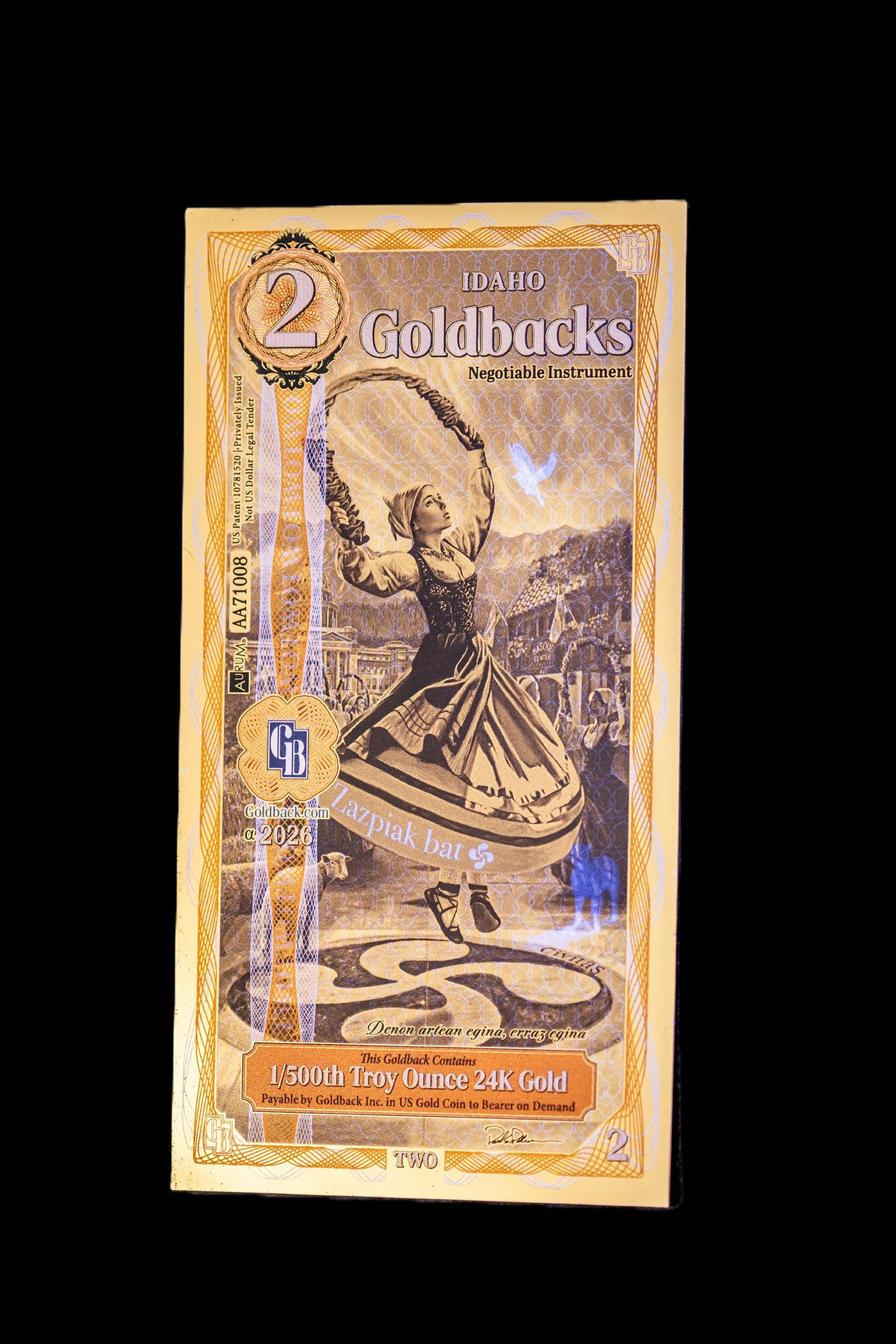 1/200 OZT 24K WASHINGTON DC, IDAHO AURUM NOTES ALPHA + SLEEVE + UV LIGHT