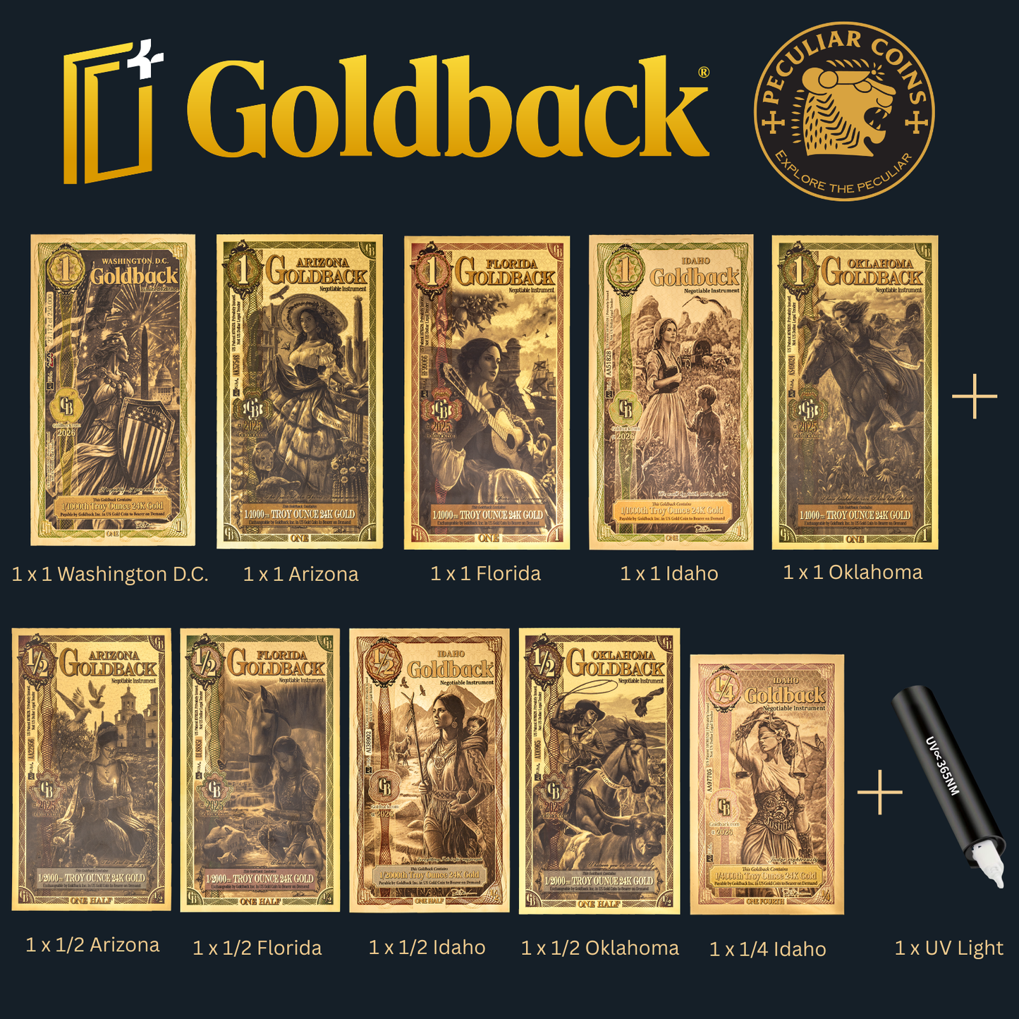 1/138 OZT 24K WASHINGTON DC, ARIZONA, FLORIDA, OKLAHOMA, IDAHO AURUM NOTES ALPHA + SLEEVE + UV LIGHT