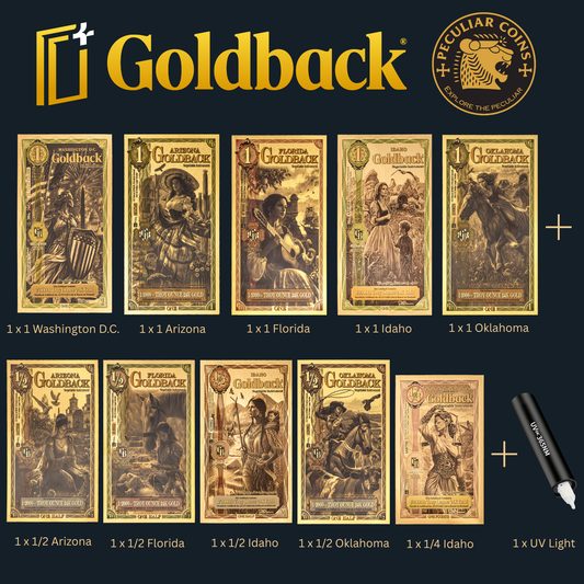1/138 OZT 24K WASHINGTON DC, ARIZONA, FLORIDA, OKLAHOMA, IDAHO AURUM NOTES ALPHA + SLEEVE + UV LIGHT