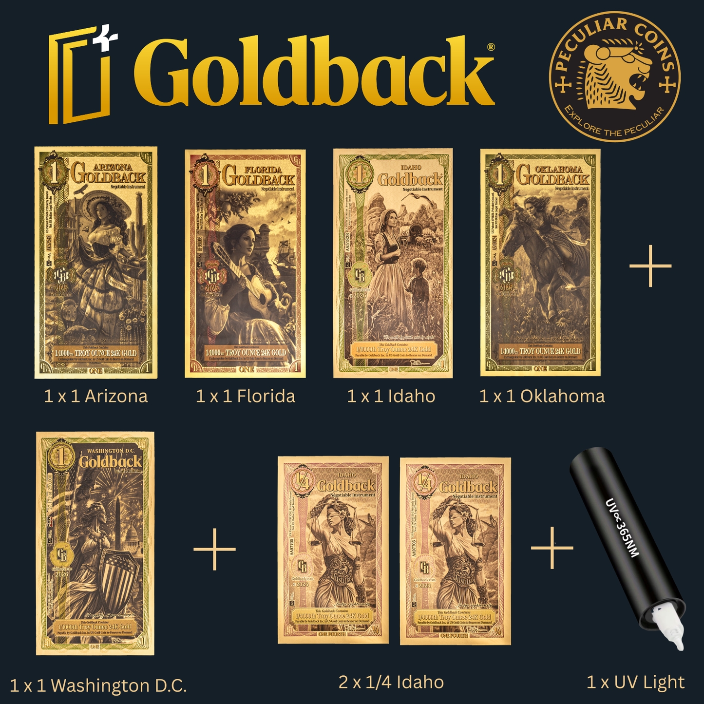 1/181 OZT 24K WASHINGTON DC, ARIZONA, FLORIDA, OKLAHOMA, IDAHO AURUM NOTES ALPHA + SLEEVE + UV LIGHT