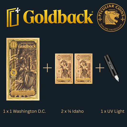 1/666 OZT 24K 1x1 WASHINGTON DC 2 x 1/4 IDAHO GOLDBACK AURUM NOTE ALPHA UV LIGHT