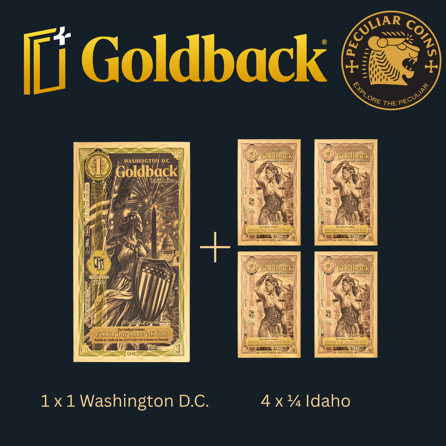 1/500 OZT 24K 1x1 WASHINGTON DC 4 x 1/4 IDAHO GOLDBACK AURUM NOTE ALPHA + SLEEVE