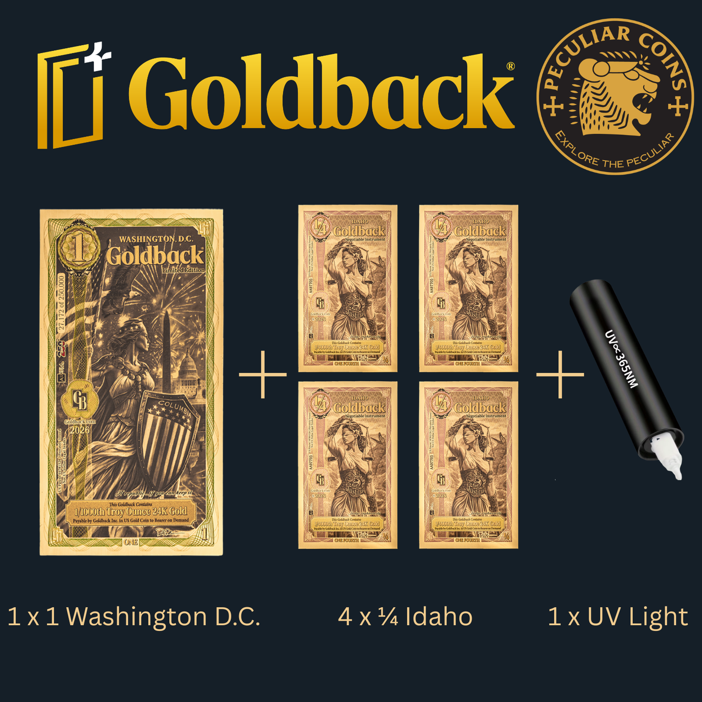 1/500 OZT 24K 1x1 WASHINGTON DC 4 x 1/4 IDAHO GOLDBACK AURUM NOTE ALPHA + SLEEVE + UV LIGHT