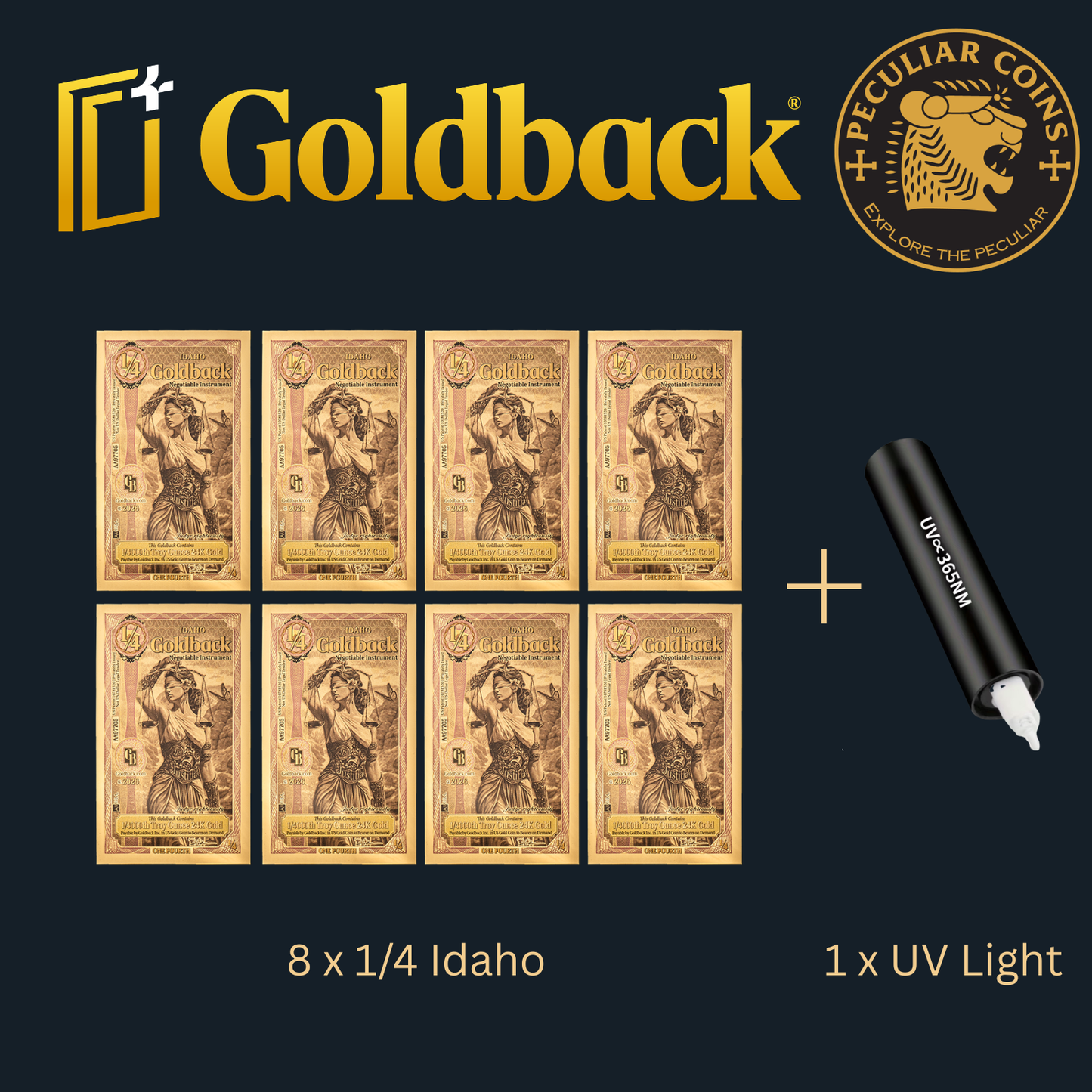 1/500 OZT 24K GOLD 8 x 1/4 IDAHO GOLDBACK AURUM NOTES ALPHA + UV LIGHT + SLEEVE