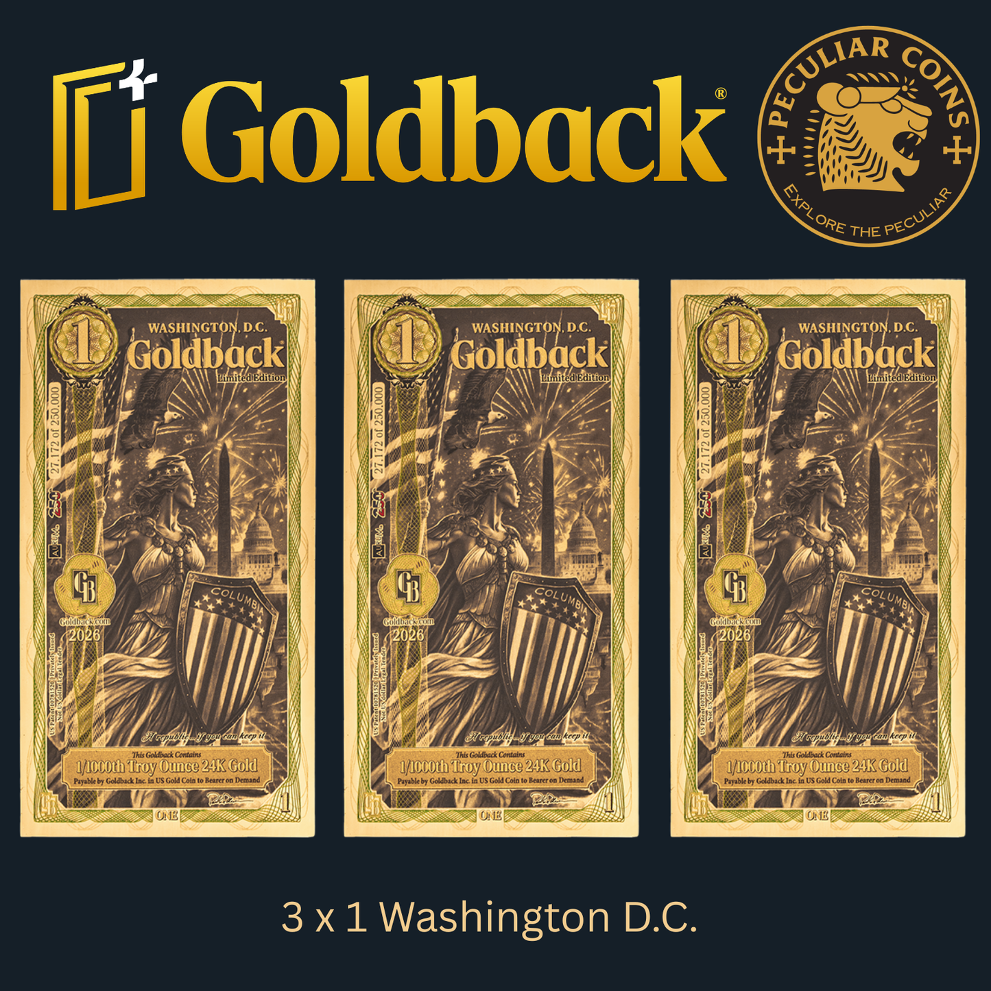 1/333 OZT 24K GOLD WASHINGTON DC GOLDBACK AURUM NOTES ALPHA + SLEEVE