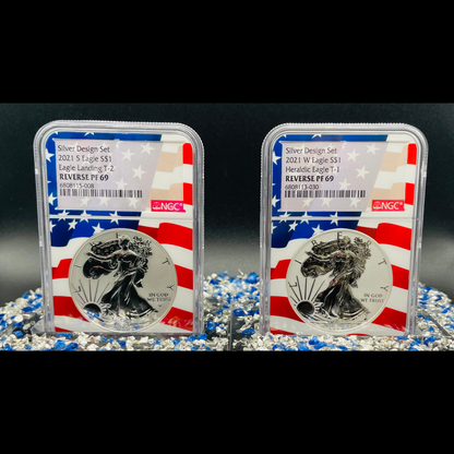 Reverse Proof 2021 Type 1 and Type 2 (2 Coin Set) $1 American Silver Eagle NGC PF69 Heraldic Eagle Label Flag Holder Mint Condition