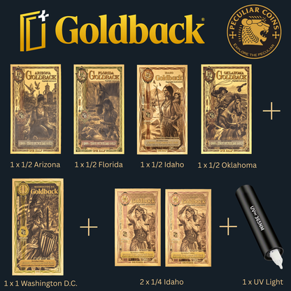 1/285 OZT 24K WASHINGTON DC, ARIZONA, FLORIDA, OKLAHOMA, IDAHO AURUM NOTES ALPHA + SLEEVE + UV LIGHT