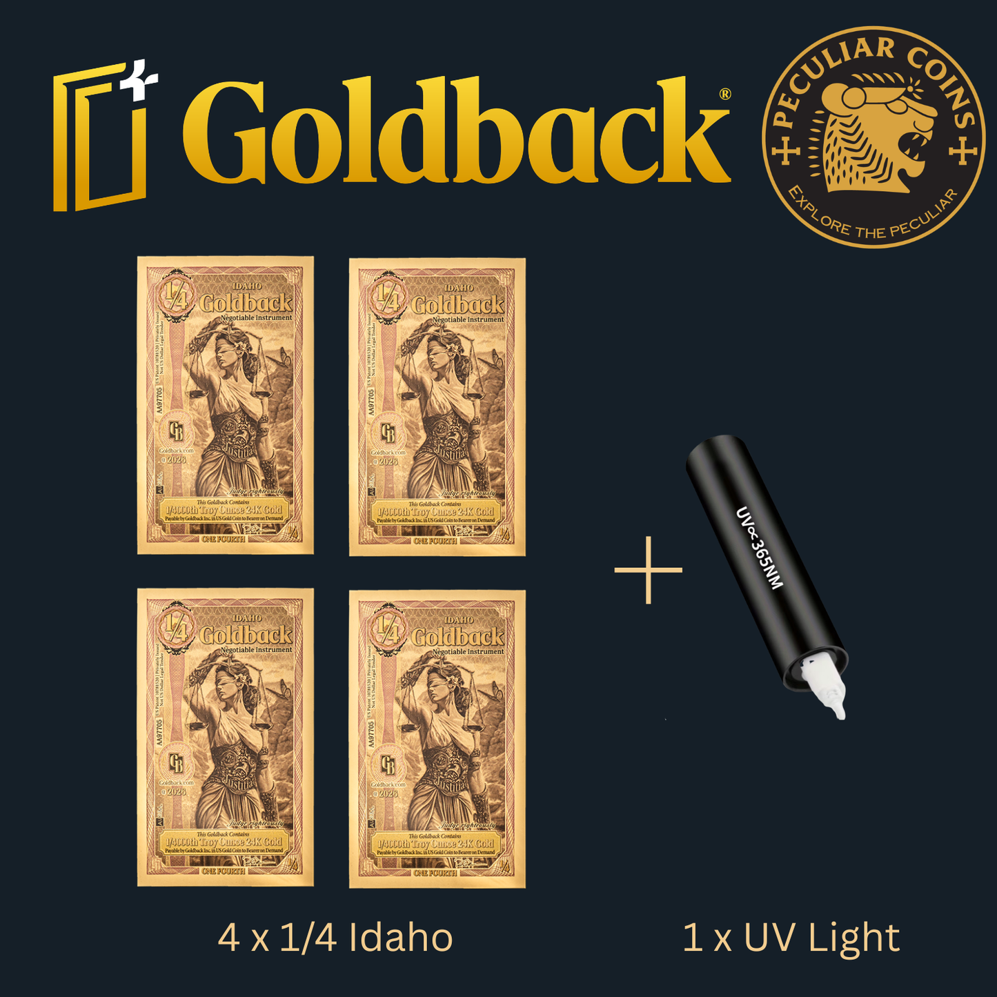 1/1000 OZT 24K GOLD 4x 1/4 IDAHO GOLDBACK AURUM NOTES ALPHA + UV LIGHT + SLEEVE