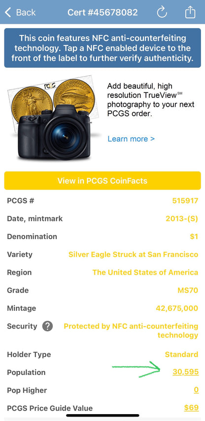 2013 (S) $1 American Silver Eagle PCGS MS70 Business Strike Blue Label (1 of 30,595)