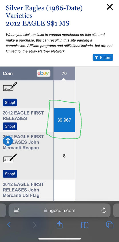 2012 $1 American Silver Eagle NGC MS70 First Releases American Eagle Label (1 of 39,967)