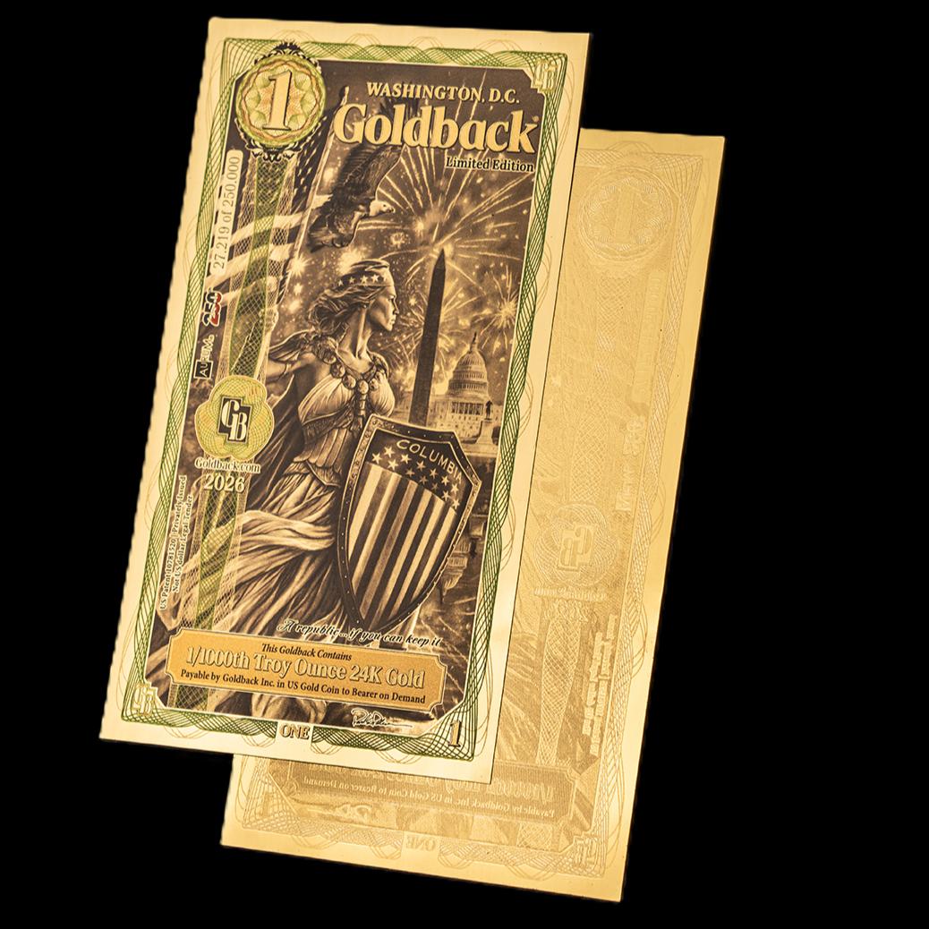 1/333 OZT 24K GOLD WASHINGTON DC GOLDBACK AURUM NOTES ALPHA + UV LIGHT + SLEEVE