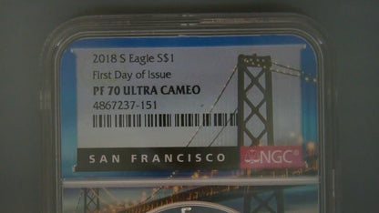 Proof 2018 (S) $1 American Silver Eagle NGC PF70 Golden Gate Bridge Holder (1 of 6,595)
